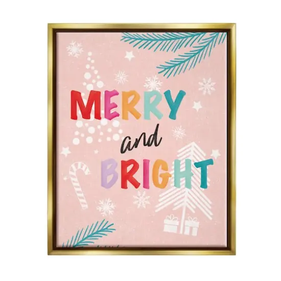 Stupell Industries Merry & Bright Pastel Phrase Framed Floater Canvas Wall Art Gold {1}