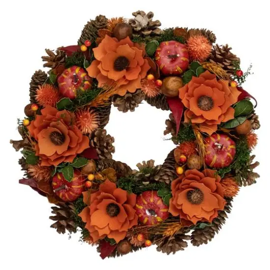 13.25'' Unlit Autumn Harvest Orange Flowers and Gourds Pine Cone Wreath {1}