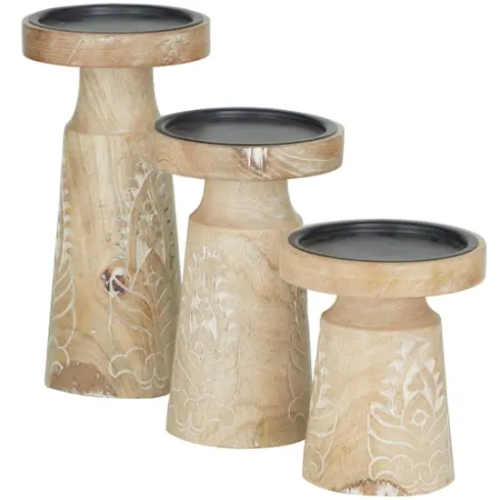 Mango Wood Round Carved Pillar Floral Candle Holder Set Light Brown {7}