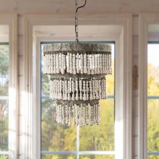 Hello Honey&reg; 20.5" Antique White 3-Tier Wood Bead Chandelier {6}