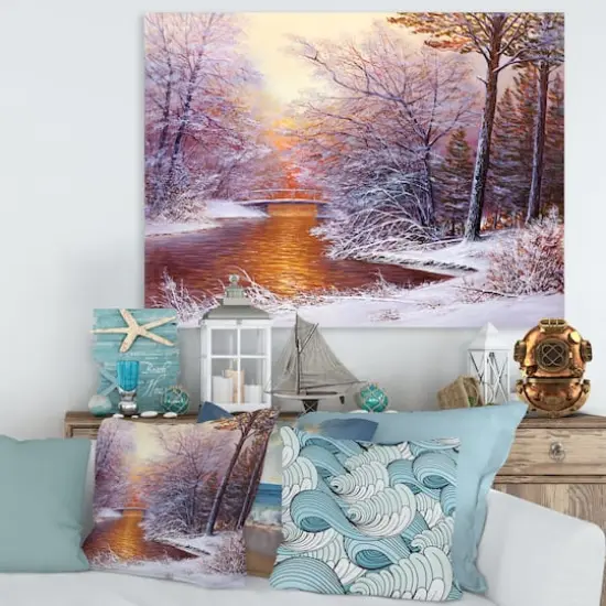 Designart - Christmas Forest With River and Trees II - Traditional Canvas Wall Art Print {1}