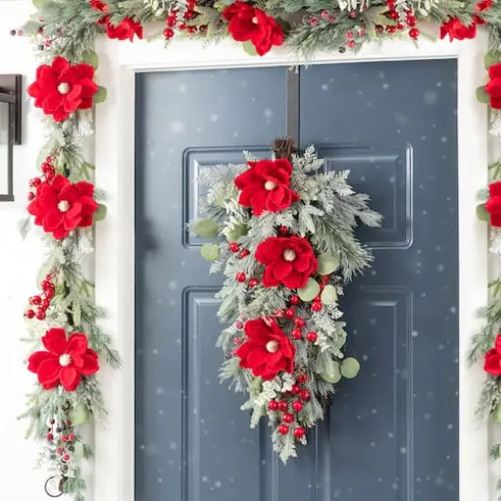 Glitzhome&reg; 28"H Christmas Red Mangnolia & Berry Teardrop {4}