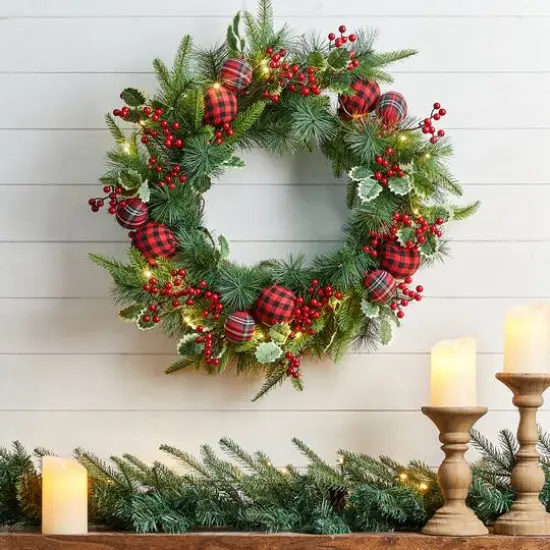 Glitzhome&reg; 24" Pre-Lit Ornament, Berry, Holly & Pine Wreath {3}