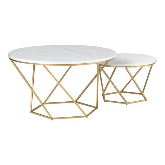 Faux White Marble & Gold Geometric Modern Nesting Coffee Table Set {3}