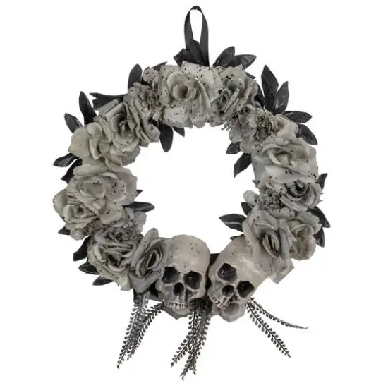 16" Double Skull & Gray Roses Halloween Wreath {1}