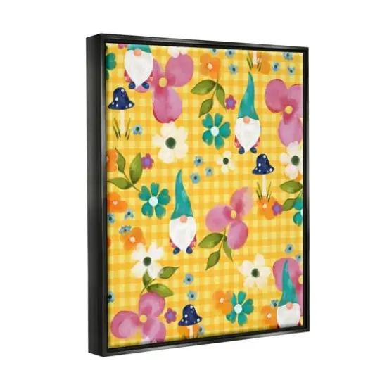 Stupell Industries Yellow Tartan Patterned Spring Gnomes Mushrooms Floater Framed Art Black {4}