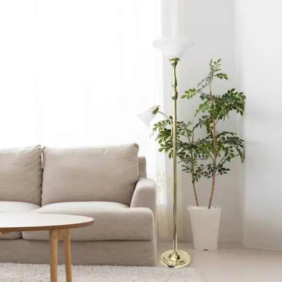 Lalia Home Torchiere Floor Lamp with Reading Light Gold/White Shades {6}