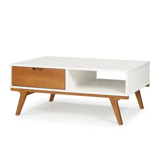 White & Caramel 1-Drawer Bridge Leg Solid Wood Coffee Table {1}
