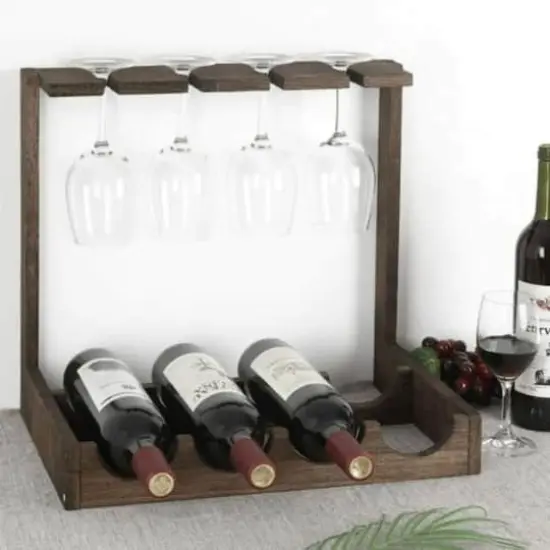 NEX&trade; Wood Wine Bottle Holder with Glass Rack Brown {6}
