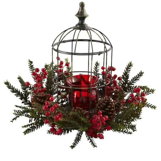 15" Pine & Berry Birdhouse Candelabrum {1}