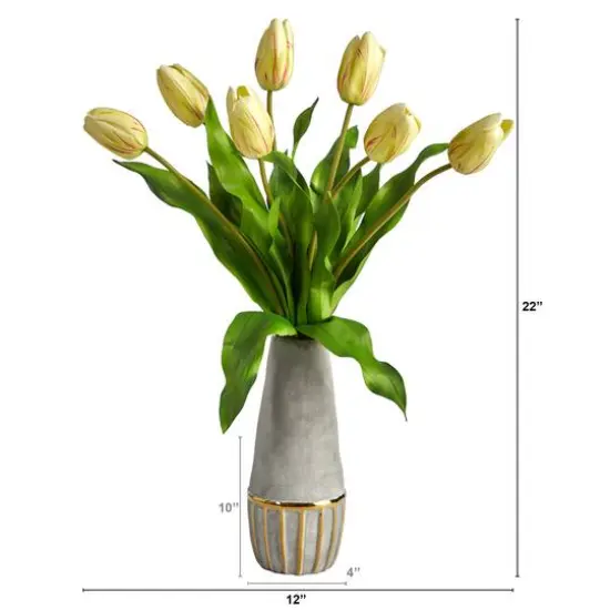 22" Yellow-Red Dutch Tulip Arrangement in Gold Trim Stoneware Vase {3}