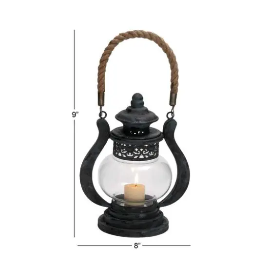 Black Iron Rustic Candle Holder Lantern, 9" x 8" x 5" {8}