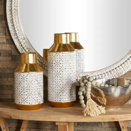 Gold Metal Handmade Embossed Quatrefoil Vase with Gold Detailing Set of 2 16", 12" {7}