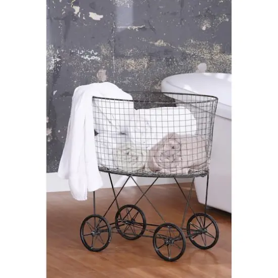 Hello Honey® 27" Vintage Reproduction Metal Laundry Basket on Wheels Gray {3}