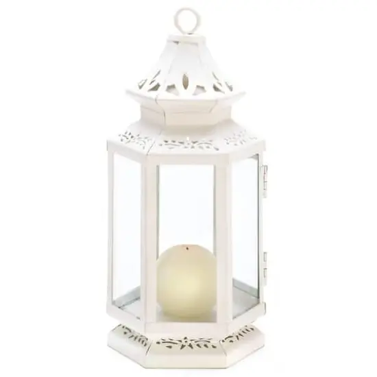 10.5" White Metal Victorian Lantern with Floral Cutouts {1}