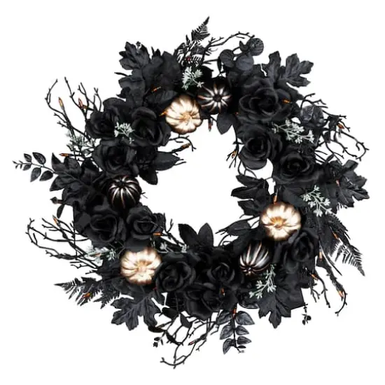 24" Chic Eek Black Flower & Pumpkin Halloween Pre-Lit LED Wreath {6}
