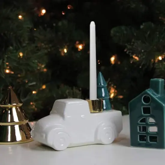 5" White Ceramic Truck with Christmas Tree Taper Candlestick Holder {8}