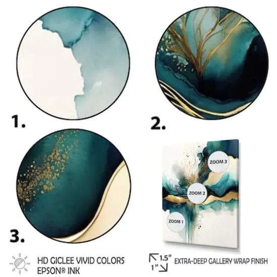 Designart 'Teal And Gold Abstract Expression III' Modern Framed Canvas Wall Art Thin Gold {4}