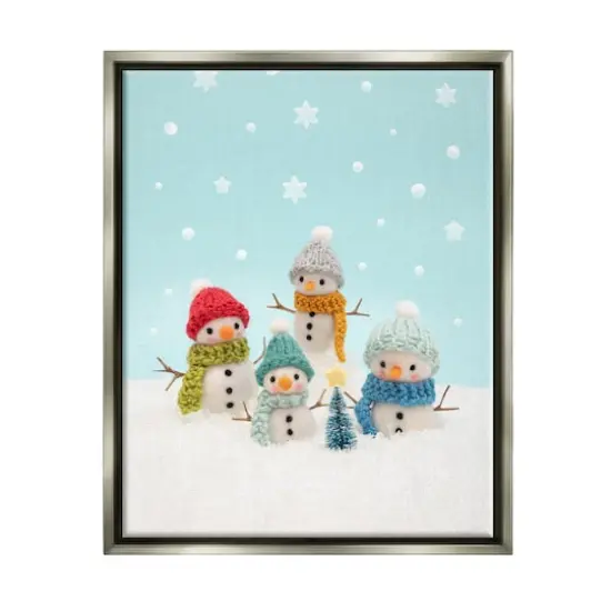 Stupell Industries Winter Snowmen Christmas Tree Framed Floater Canvas Wall Art Gray {1}
