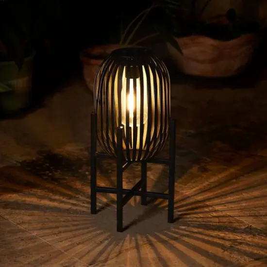 Glitzhome® 14.25" Black Slim Metal Stripes Solar Powered Edison Bulb Outdoor Lantern {6}