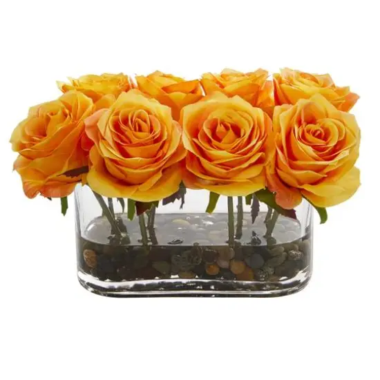 5.5" Blooming Roses in Glass Vase Orange Yellow {1}