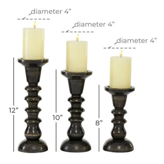 Dark Brown Mango Wood Traditional Ridged Candle Holder Set {6}