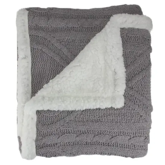 Gray & White Cable Knit Throw Blanket with Sherpa Backing {3}