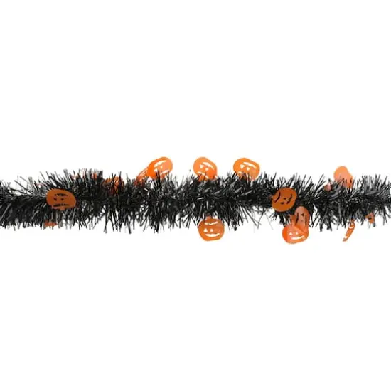 50ft. Black & Orange Jack O Lanterns Halloween Tinsel Garland {3}