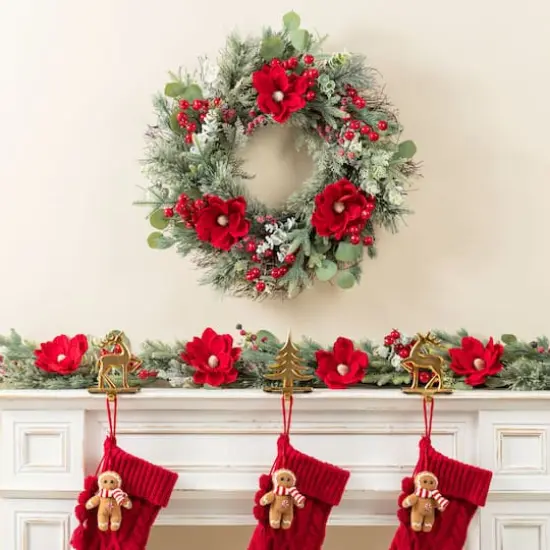 Glitzhome&reg; 6FT Christmas Red Mangnolia & Berry Garland {4}