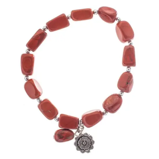 John Bead Red Jasper Stretch Bracelet with Flower Charm {1}