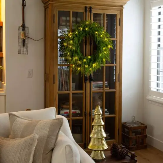 24in. Pre-Lit Artificial Real Touch Norfolk Island Pine Wreath with 50 Warm White LED Lights and Natural Look {9}