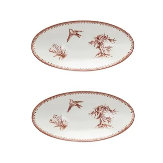 Hello Honey&reg; 9.75" Cream & Brown Vintage Bird & Botanicals Stoneware Oval Plates, 2ct. {1}