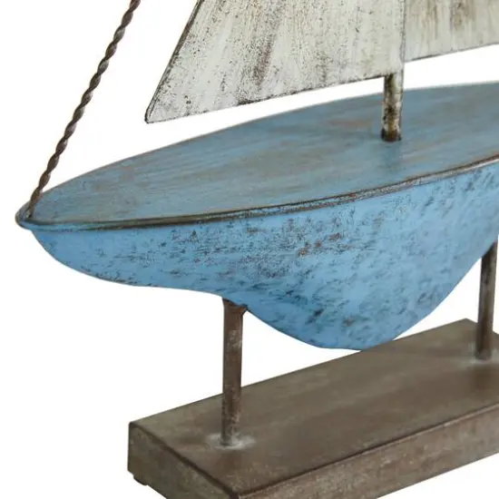 Set of 2 Blue Metal Coastal Sail Boat Sculpture, 17", 16" {6}