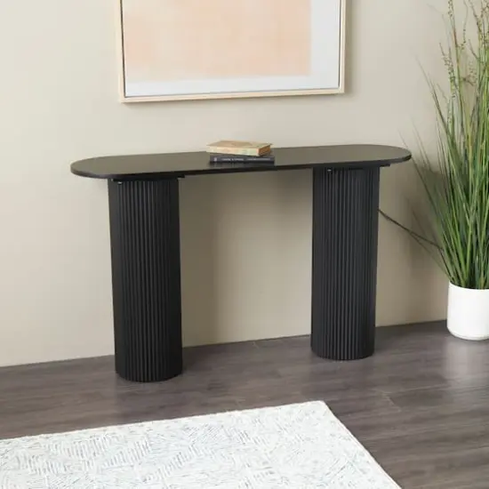 52" Black Wooden Geometric Oval Console Table with Ribbed Pillar Legs {3}