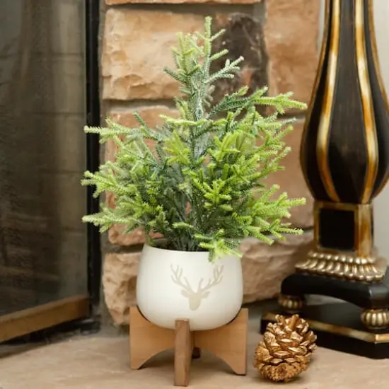 16" Unlit Frosted Artificial Christmas Tree in Staghead Ceramic Pot on Wood Stand {4}