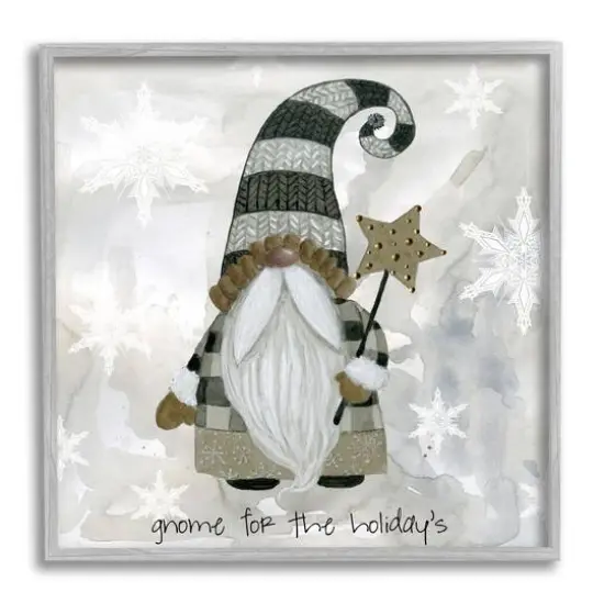 Stupell Industries Gnome For Holidays Snowflakes Framed Giclee Art Gray {1}