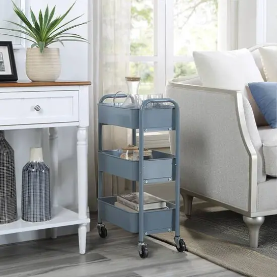 SunnyPoint Compact 3-Tier Metal Rolling Cart Blue {4}