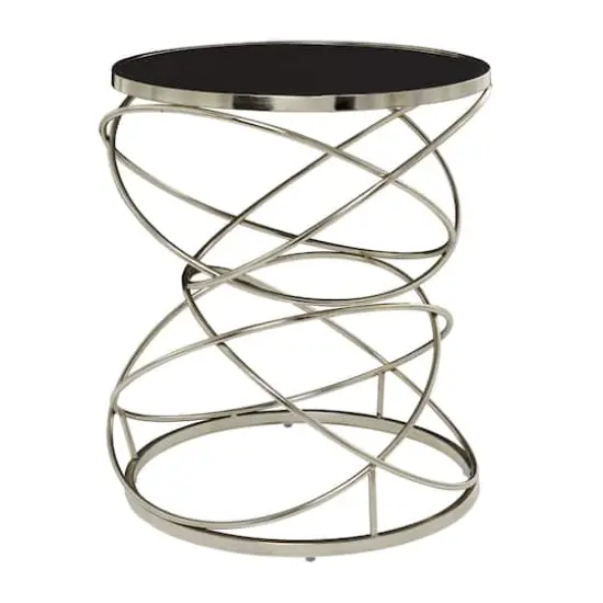 24" Open Ring Accent Table with Black Marble Top Silver {3}