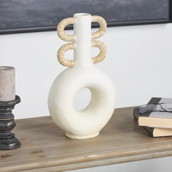 16" Cream Round Speckled Vase with Woven Inspired Arched Handles & Cutout Opening {3}