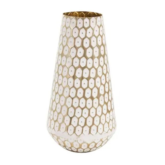13" Gold & White Geometric Dot Metal Vase {1}