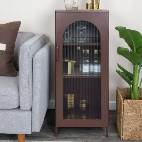 Hello Honey&reg; 40" Solstice Narrow Metal Accent Cabinet with Adjustable Storage Shelves and Arched Glass Door Vintage brown {3}