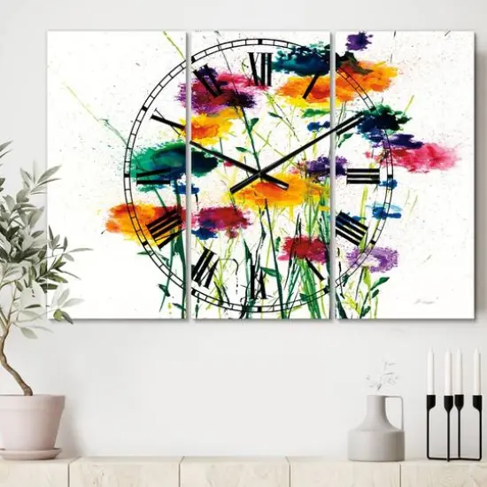 Designart Indigo, Green & Yellow Watercolor Traditional 3 Panel Wall Clock {3}