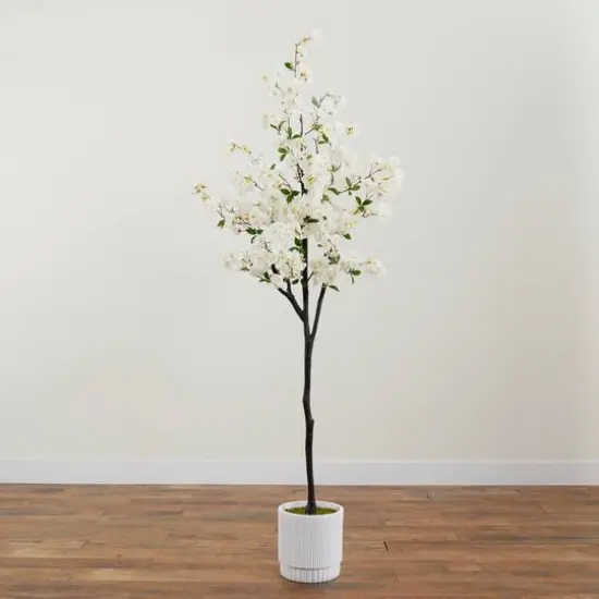 6ft. Artificial Cherry Blossom Tree with White Decorative Planter {9}