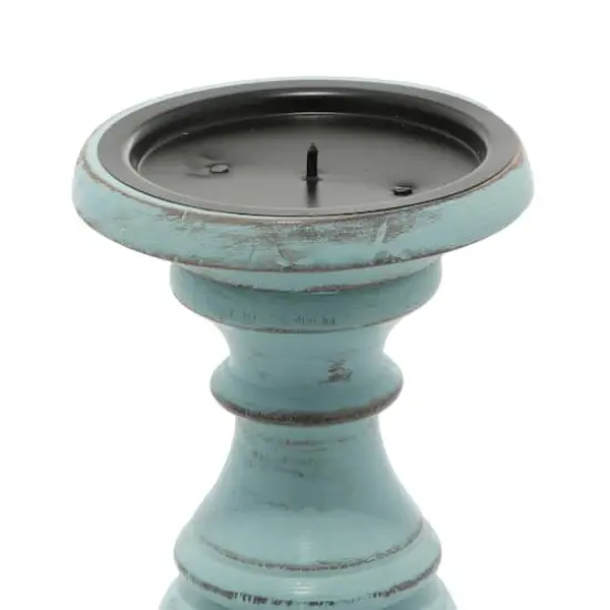 Mango Wood Traditional Candle Holder Set Light Blue {4}