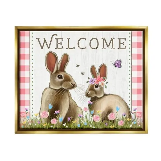 Stupell Industries Welcome Plaid Spring Garden Rabbits Floater Framed Art Gold {1}