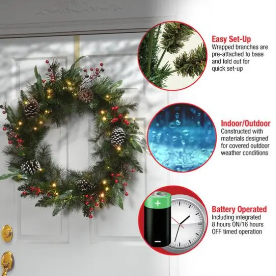 30" Frosted Pine Berry Collection Wreaths with Big White Edged Pine Cones, Red Berries, Silver Glittered Eucalyptus Leaves & Warm White LED Lights {8}