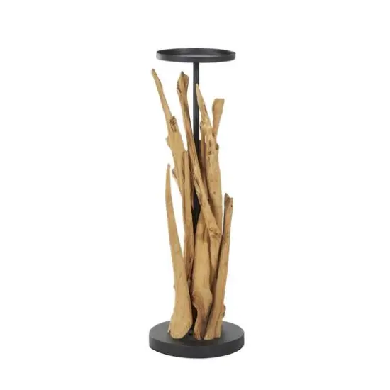 31" Brown Teak Wood Handmade Tall Tree Branch Floor Candle Holder with Black Metal Accents {4}