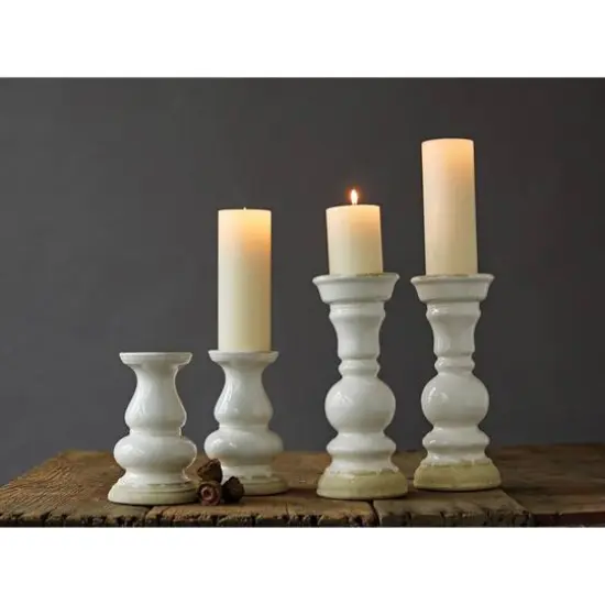 Hello Honey&reg; 12'' Distressed White Stoneware Pillar Candle Holder {3}