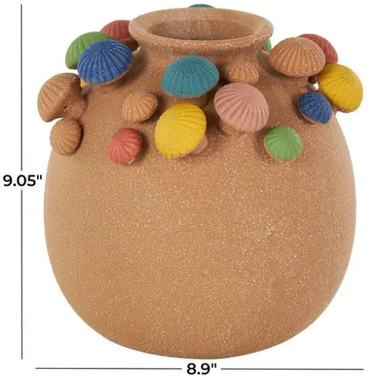 9" Brown Ceramic Round Wide Decorative Vase with Multicolor Mushroom Accents {8}