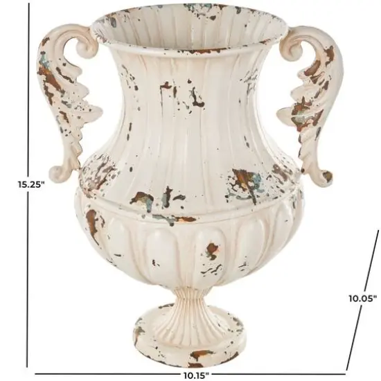 15.25" Cream Metal Vintage Amphora Vase with Brown & Teal Distressing {8}